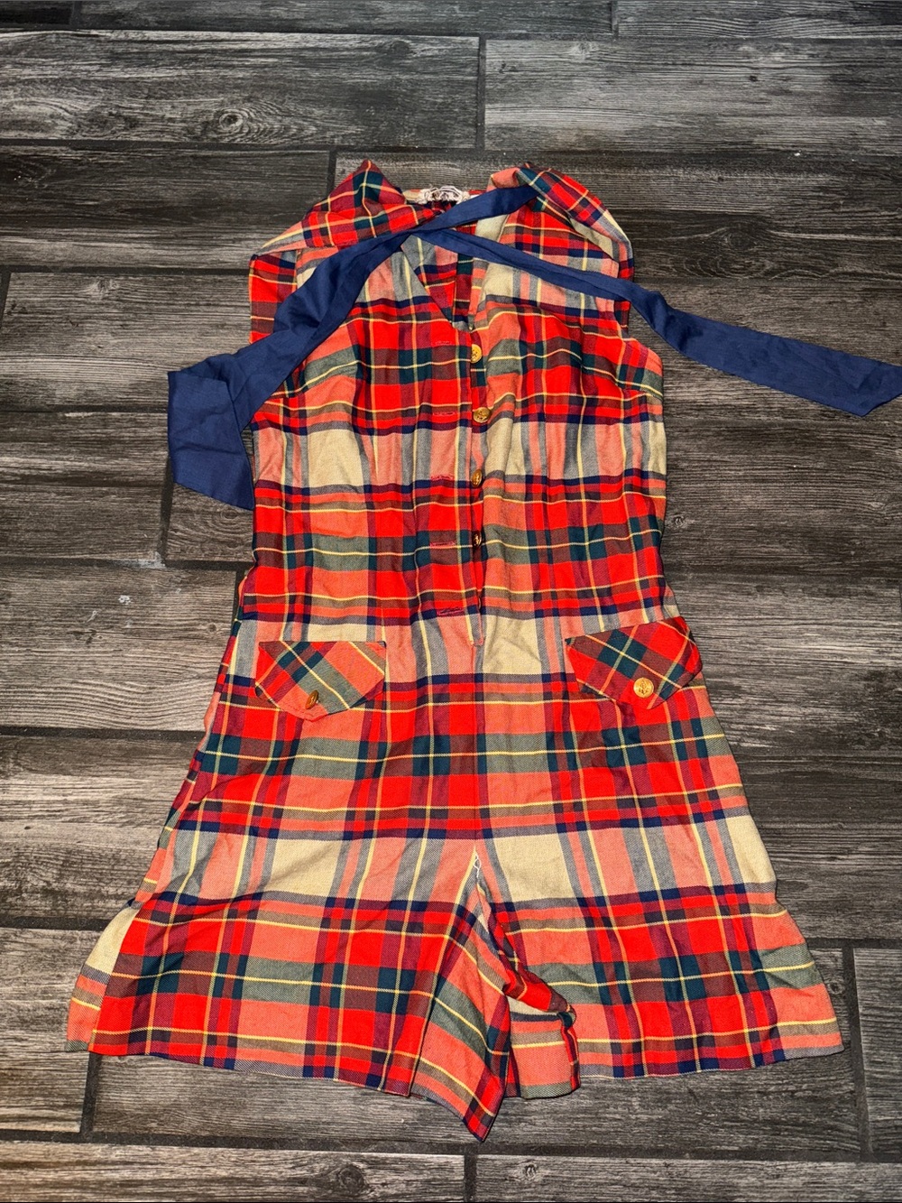 Russ vintage women’s small 60s 70s  Plaid Romper with Navy Tie